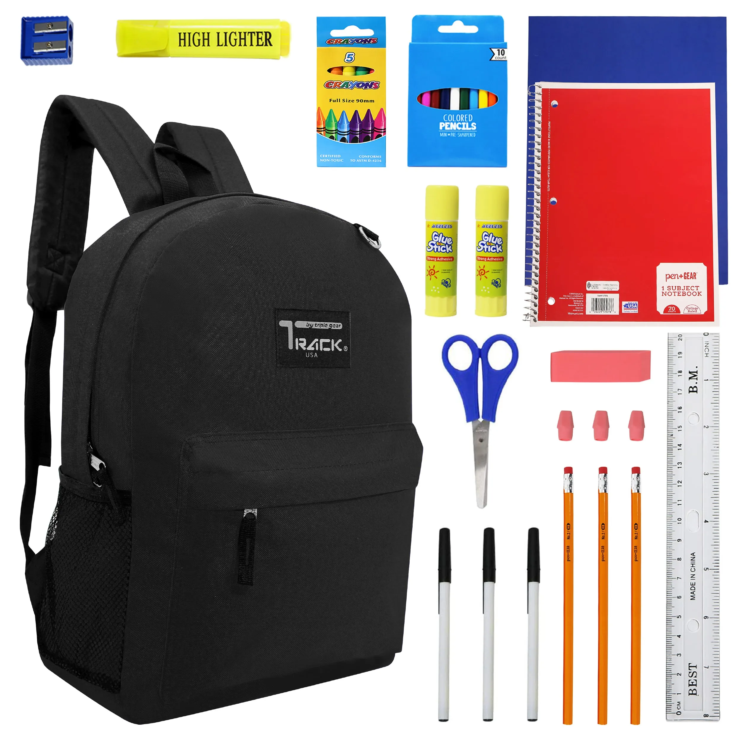 12 Black Wholesale Track Brand 17" Backpacks and 12 School Supply Kits of Your Choice