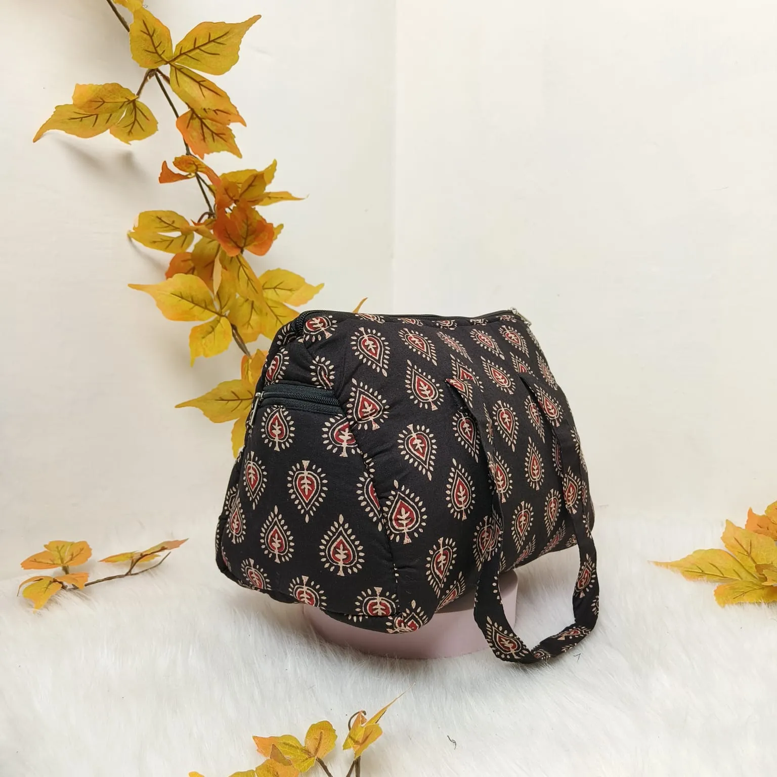 Barrel Handbags Black with Sandal Flower Ditsy Prints