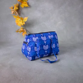 Barrel Handbags Blue with White Big Flower Design.