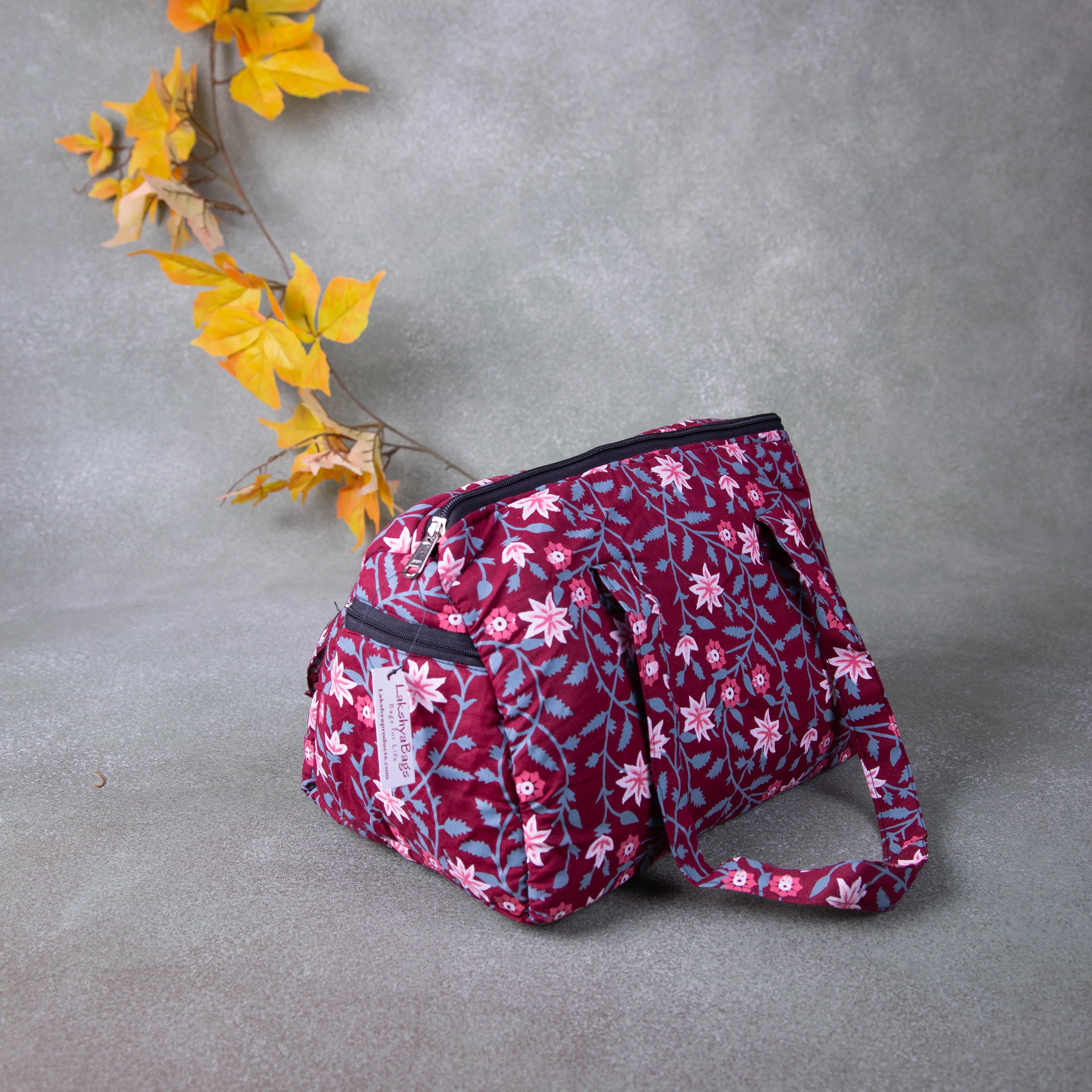 Barrel Handbags Marron with Pink Flower Design.