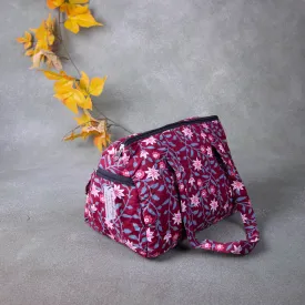 Barrel Handbags Marron with Pink Flower Design.