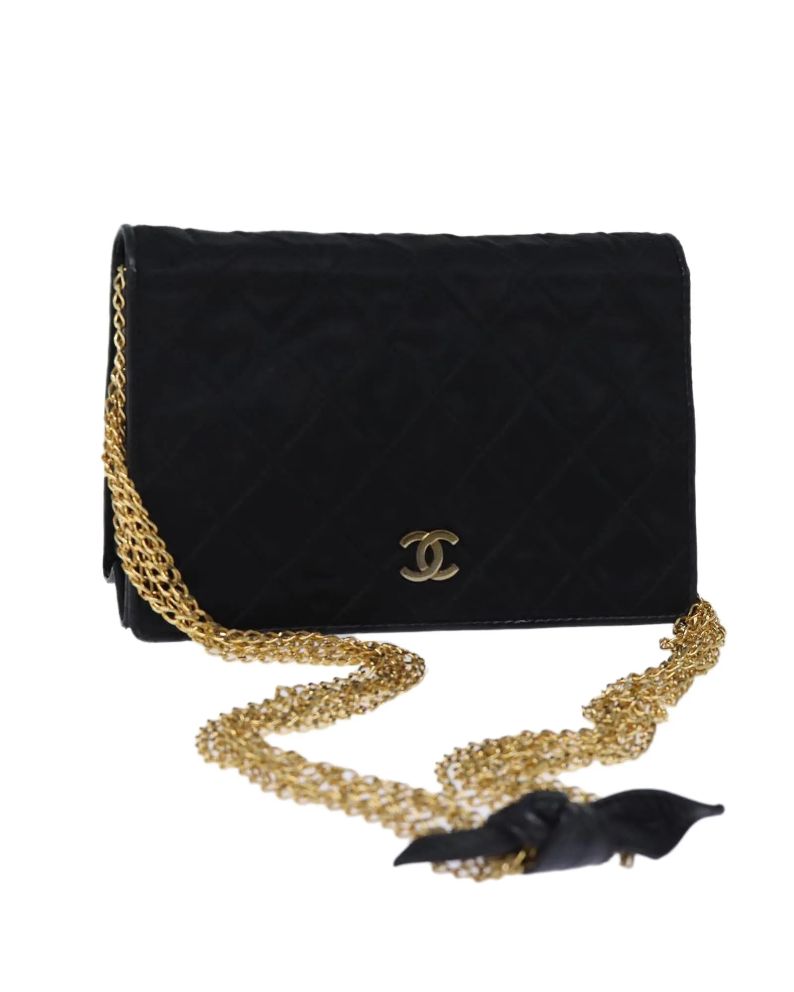 Black Satin Matelasse Chain Shoulder Bag