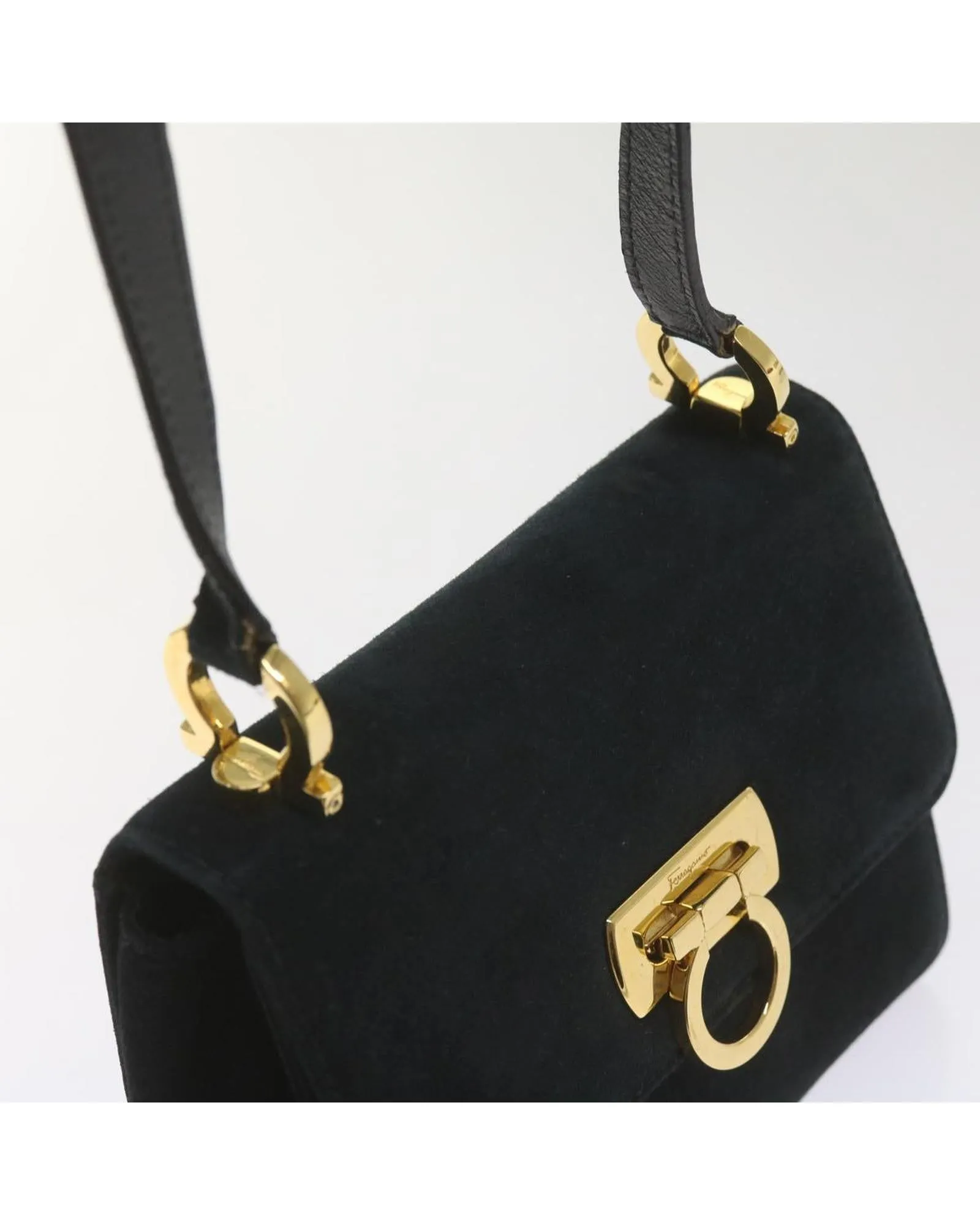 Black Suede Shoulder Bag with Gancini Detail by Italian Designer