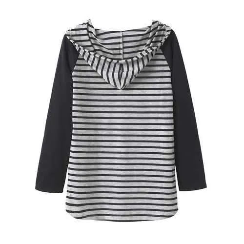 Casual Women Casual Loose V-Neck Hooded Striped Blouse