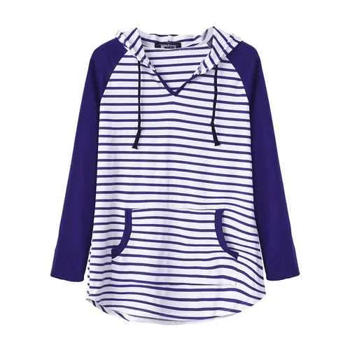 Casual Women Casual Loose V-Neck Hooded Striped Blouse