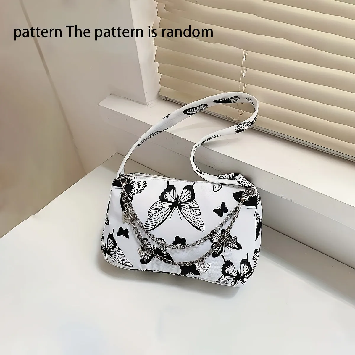 Chic Zipper Shoulder Bag with Butterfly Pattern and Chain Decor