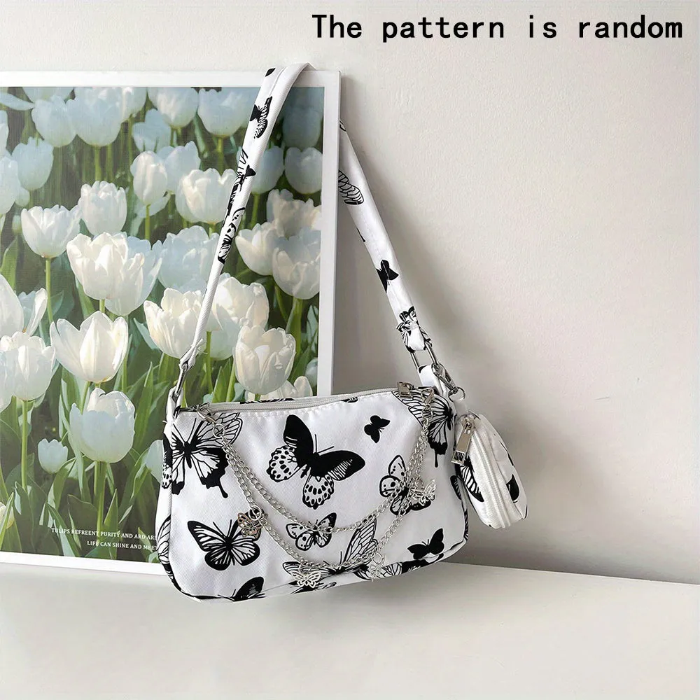 Chic Zipper Shoulder Bag with Butterfly Pattern and Chain Decor