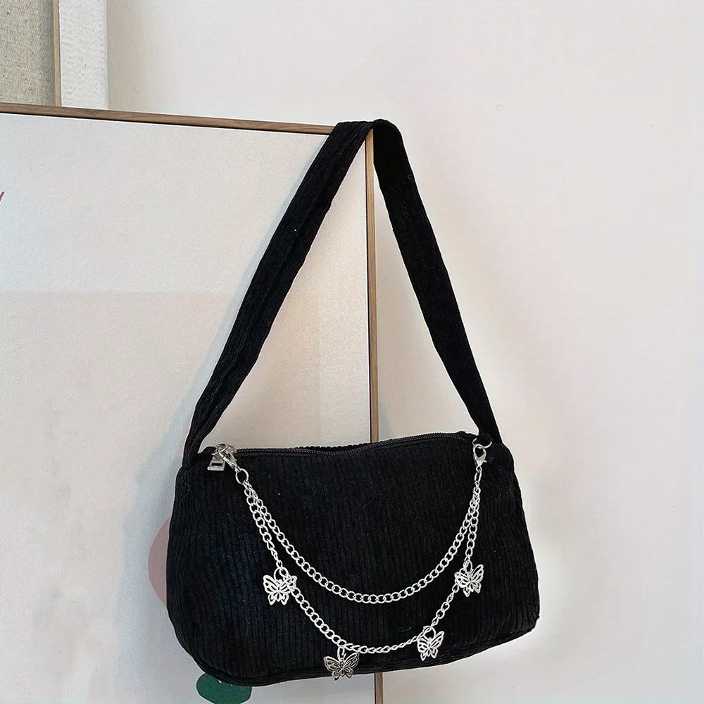 Chic Zipper Shoulder Bag with Butterfly Pattern and Chain Decor