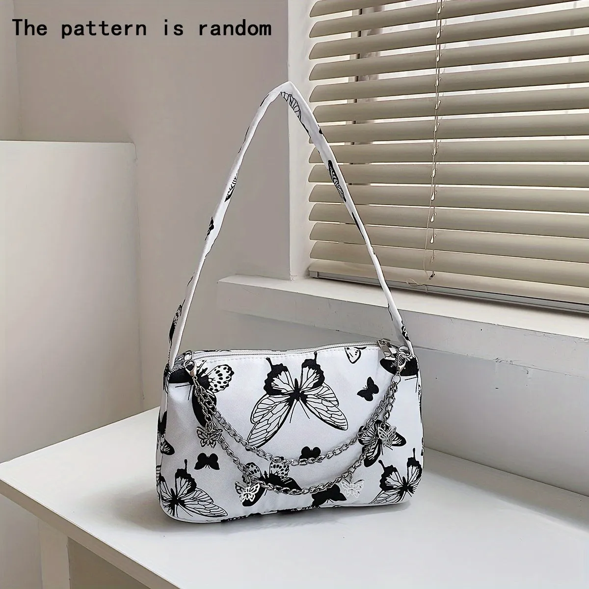 Chic Zipper Shoulder Bag with Butterfly Pattern and Chain Decor