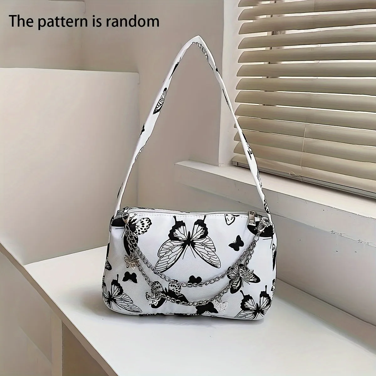 Chic Zipper Shoulder Bag with Butterfly Pattern and Chain Decor