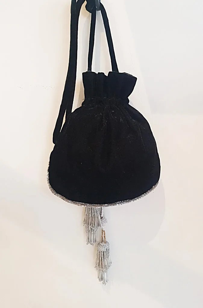 EMC Handmade Black Velvet Beaded Evening Purse