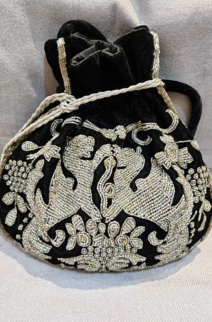 EMC Handmade Black Velvet Beaded Evening Purse