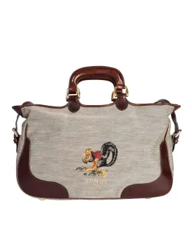 Fendi Vintage Brown Leather and Canvas Embroidered Squirrel Shoulder Bag