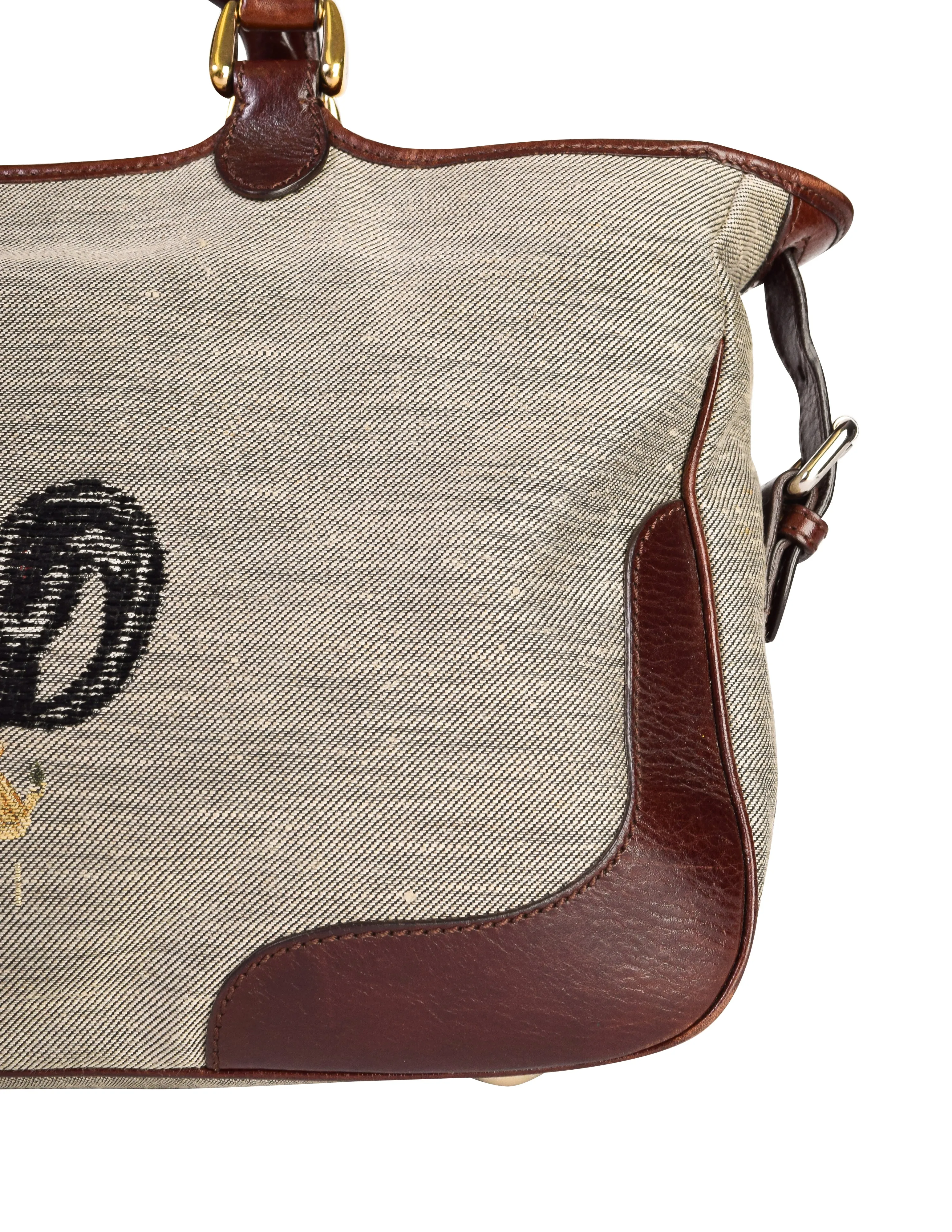 Fendi Vintage Brown Leather and Canvas Embroidered Squirrel Shoulder Bag