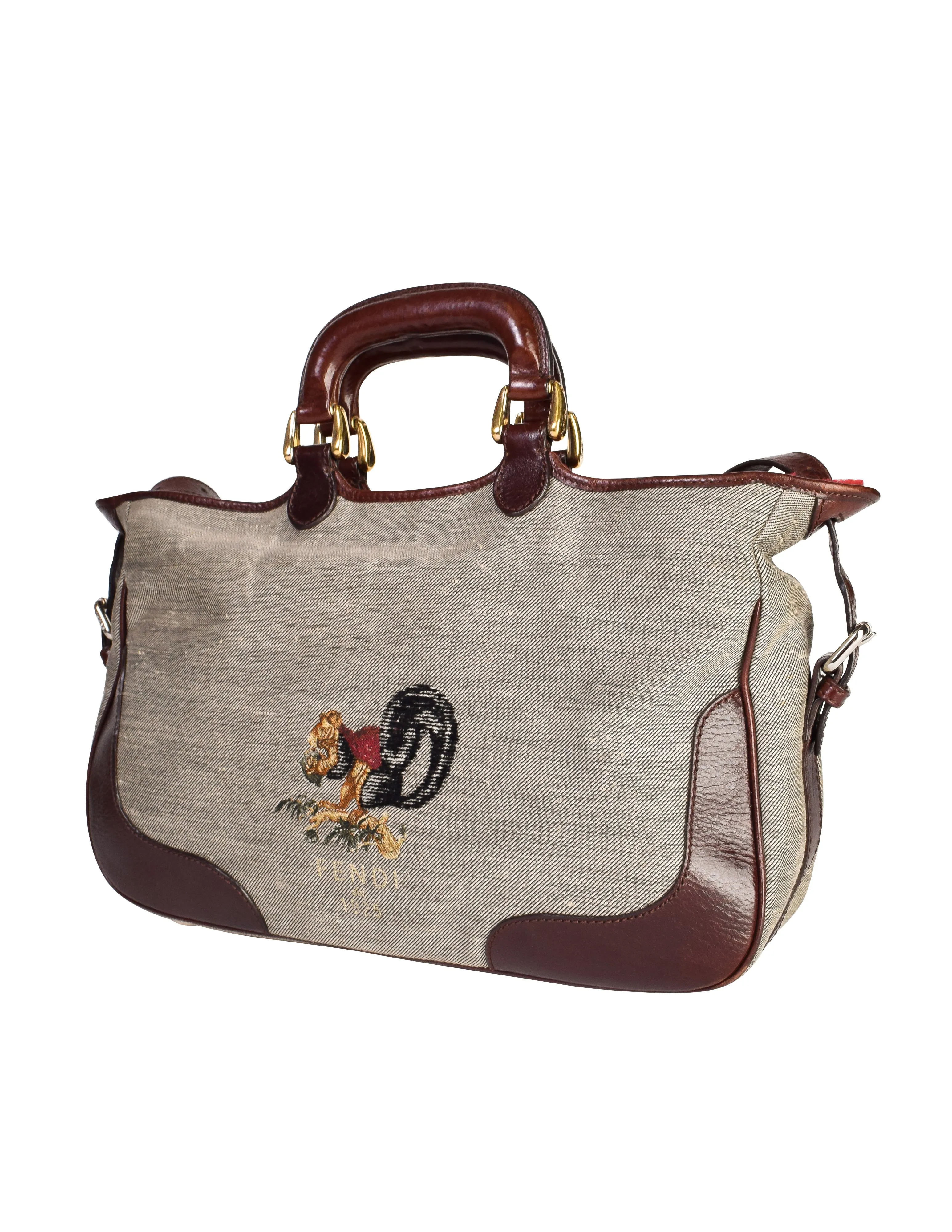 Fendi Vintage Brown Leather and Canvas Embroidered Squirrel Shoulder Bag