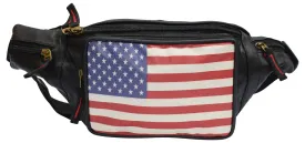 Genuine Leather USA Flag Fanny Pack with Bottle Holder, America Stars & Stripes Waist Bag 050USA