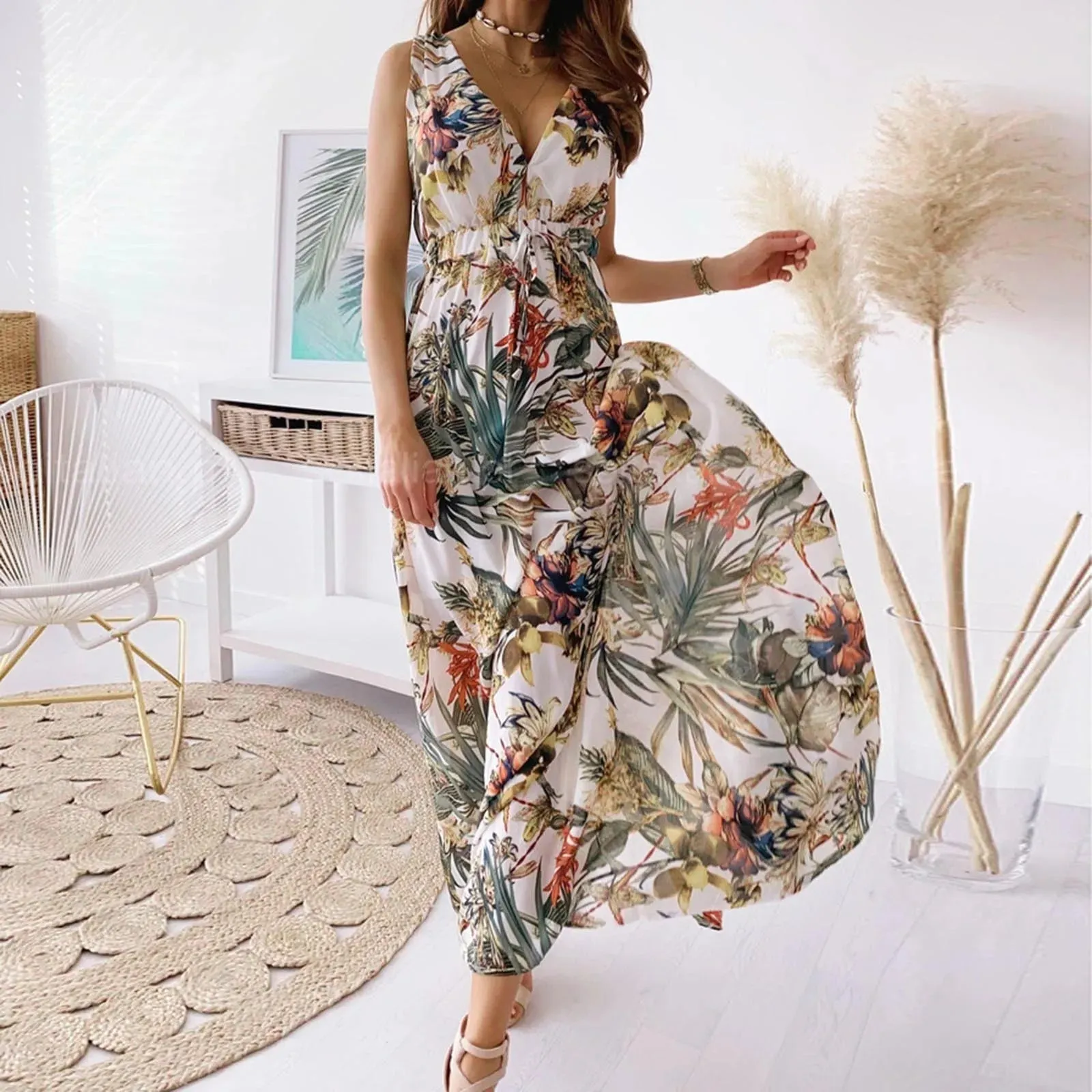 High Street Sexy V Neck Maxi Sleeveless Backless Basic Slim Party Casual Summer Dress