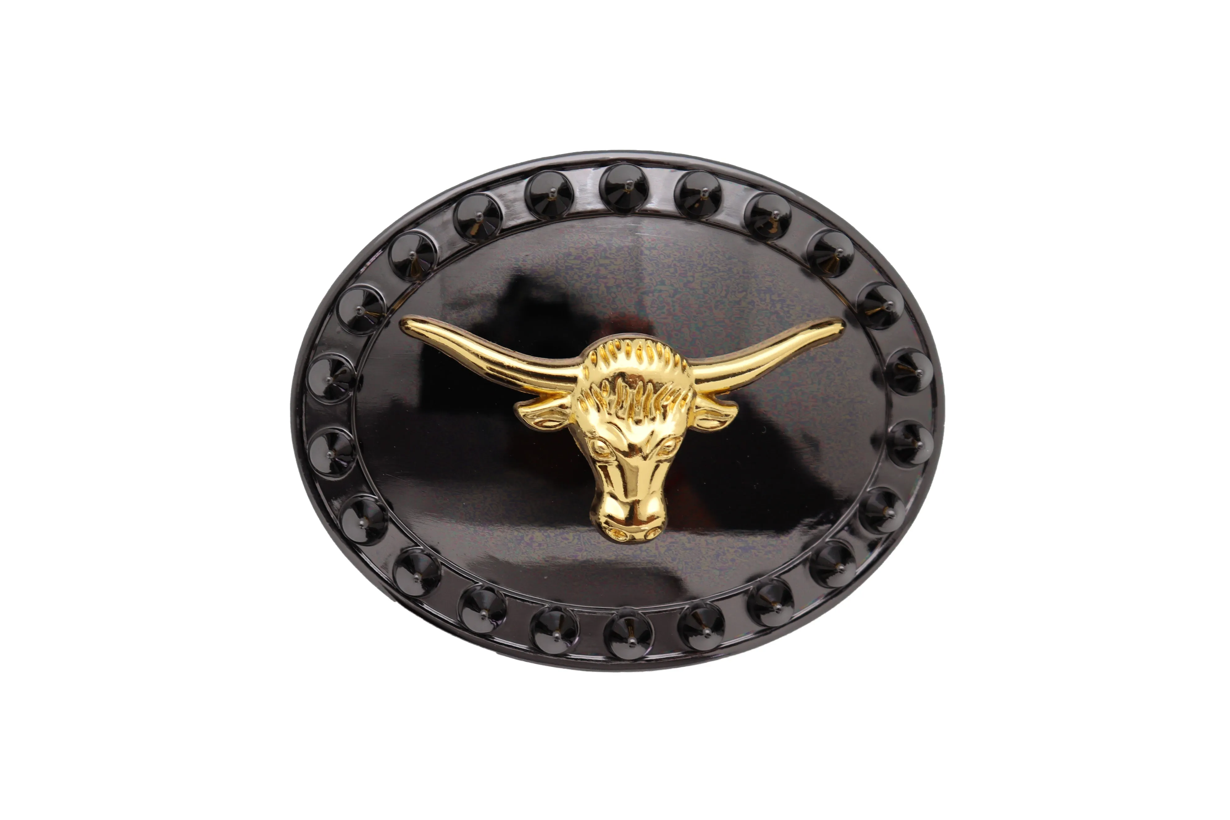 Men Oval Belt Buckle Pewter Black Metal Gold Long Horn Cow Bull Western Spikes