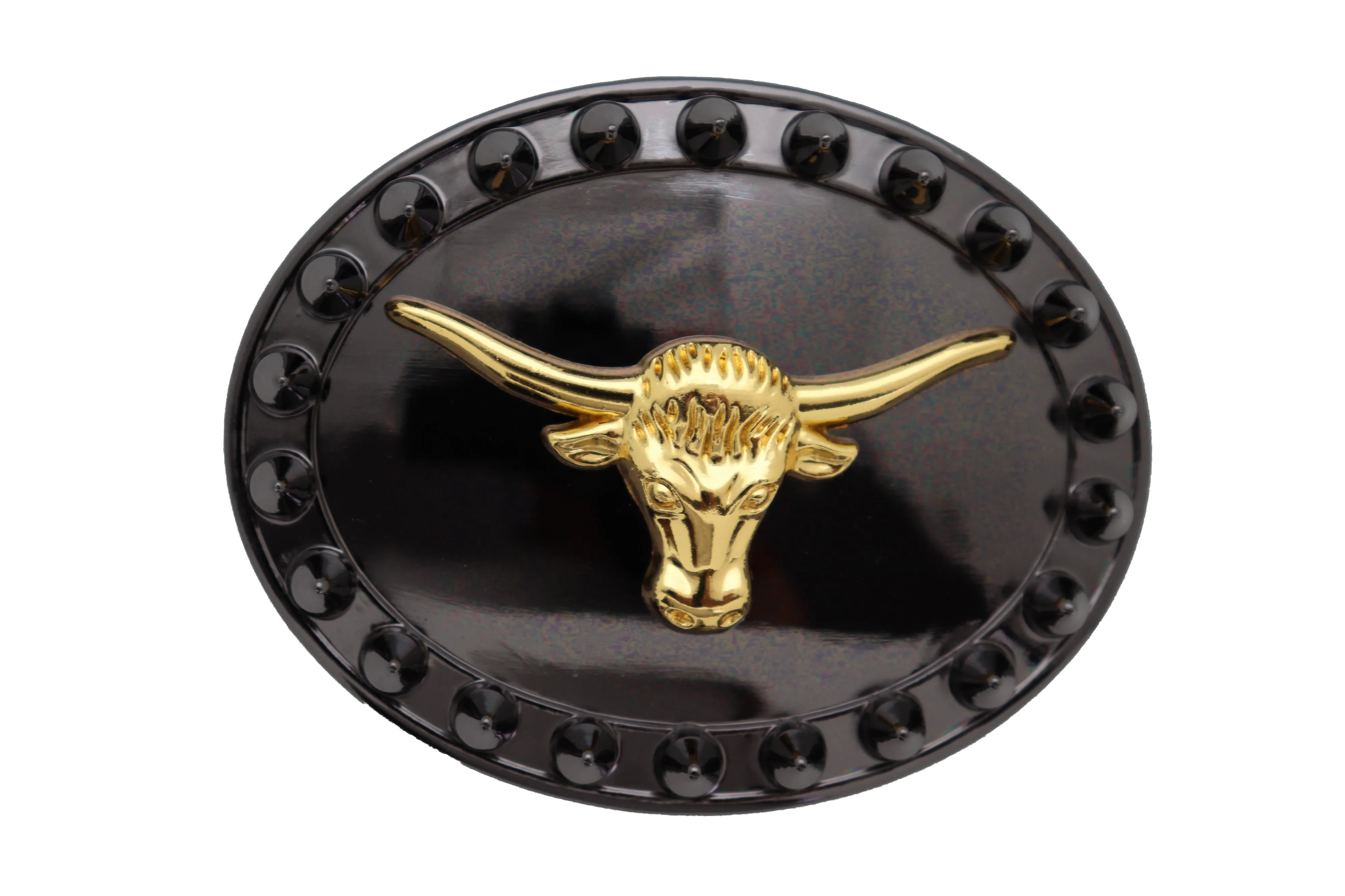 Men Oval Belt Buckle Pewter Black Metal Gold Long Horn Cow Bull Western Spikes