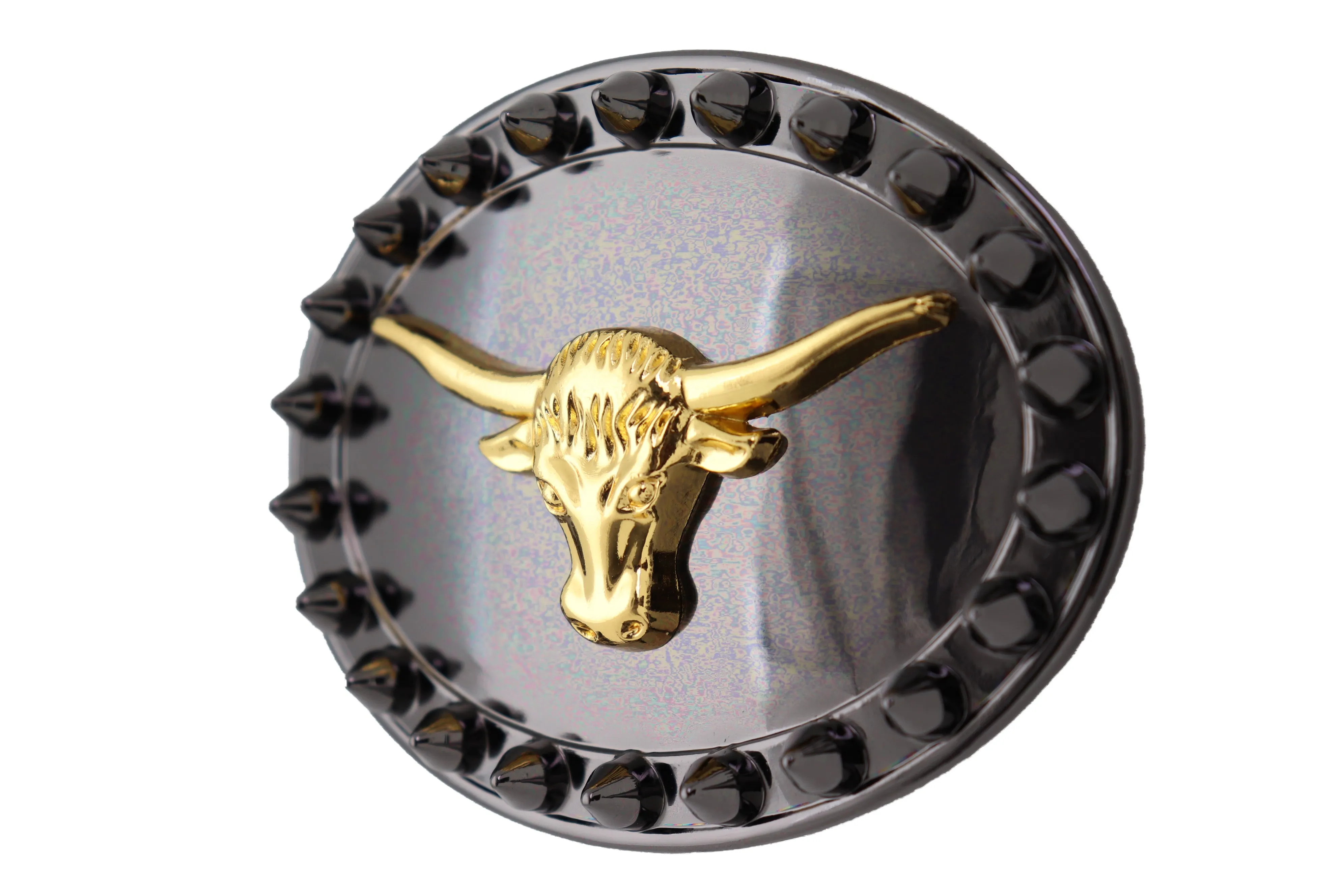 Men Oval Belt Buckle Pewter Black Metal Gold Long Horn Cow Bull Western Spikes