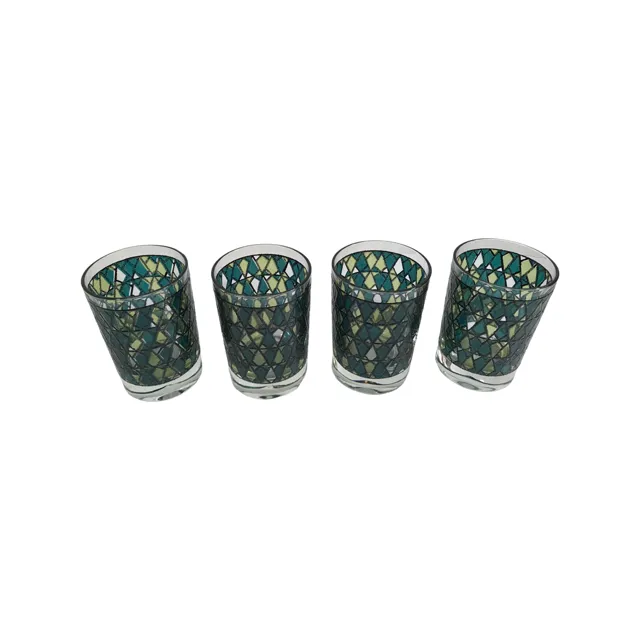 Mid-Century Chartreuses and Green Diamonds Double Old Fashion Glasses (Set of 4)