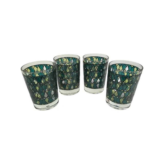 Mid-Century Chartreuses and Green Diamonds Double Old Fashion Glasses (Set of 4)