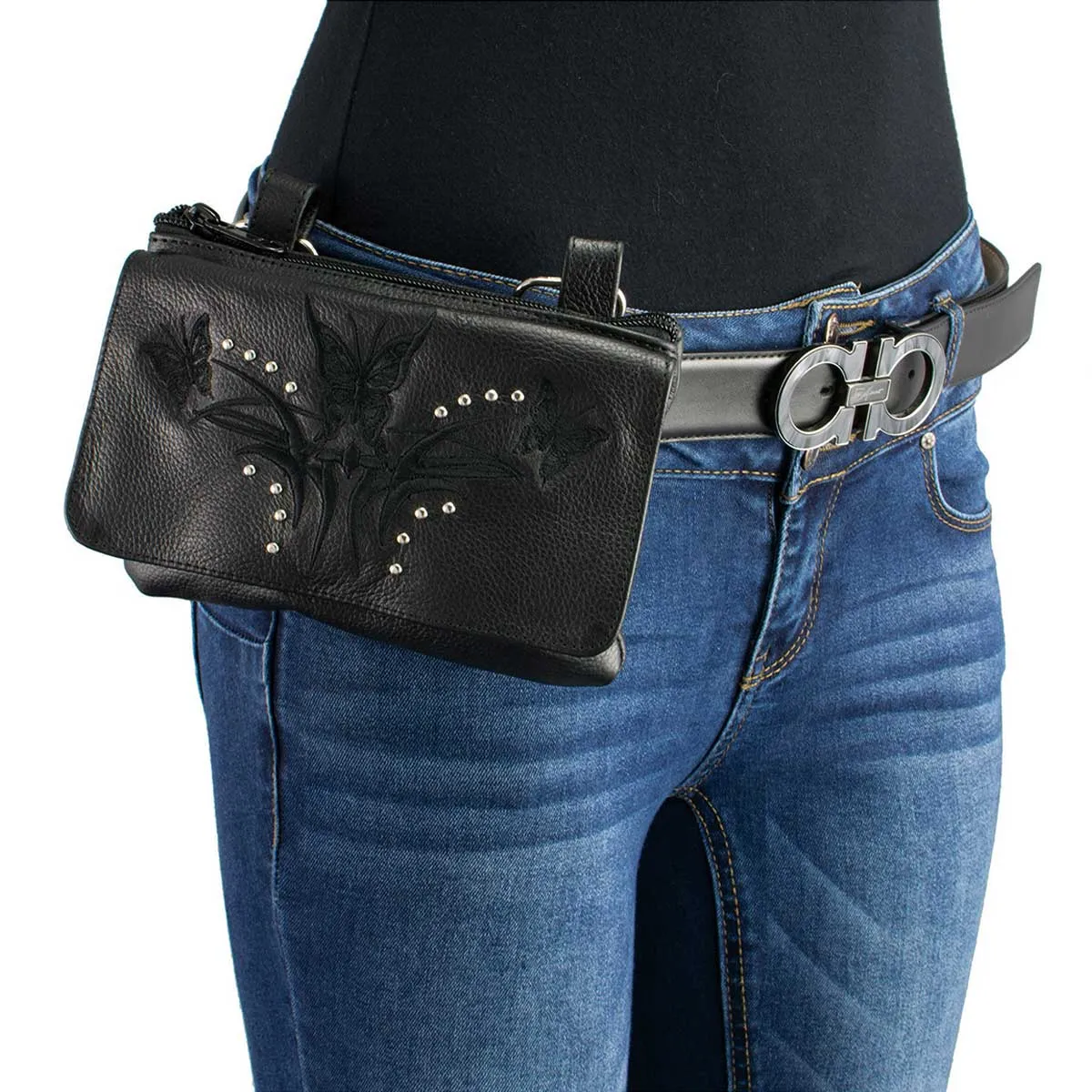 Milwaukee Leather MP8851 Women's Black Leather Multi Pocket Belt Bag