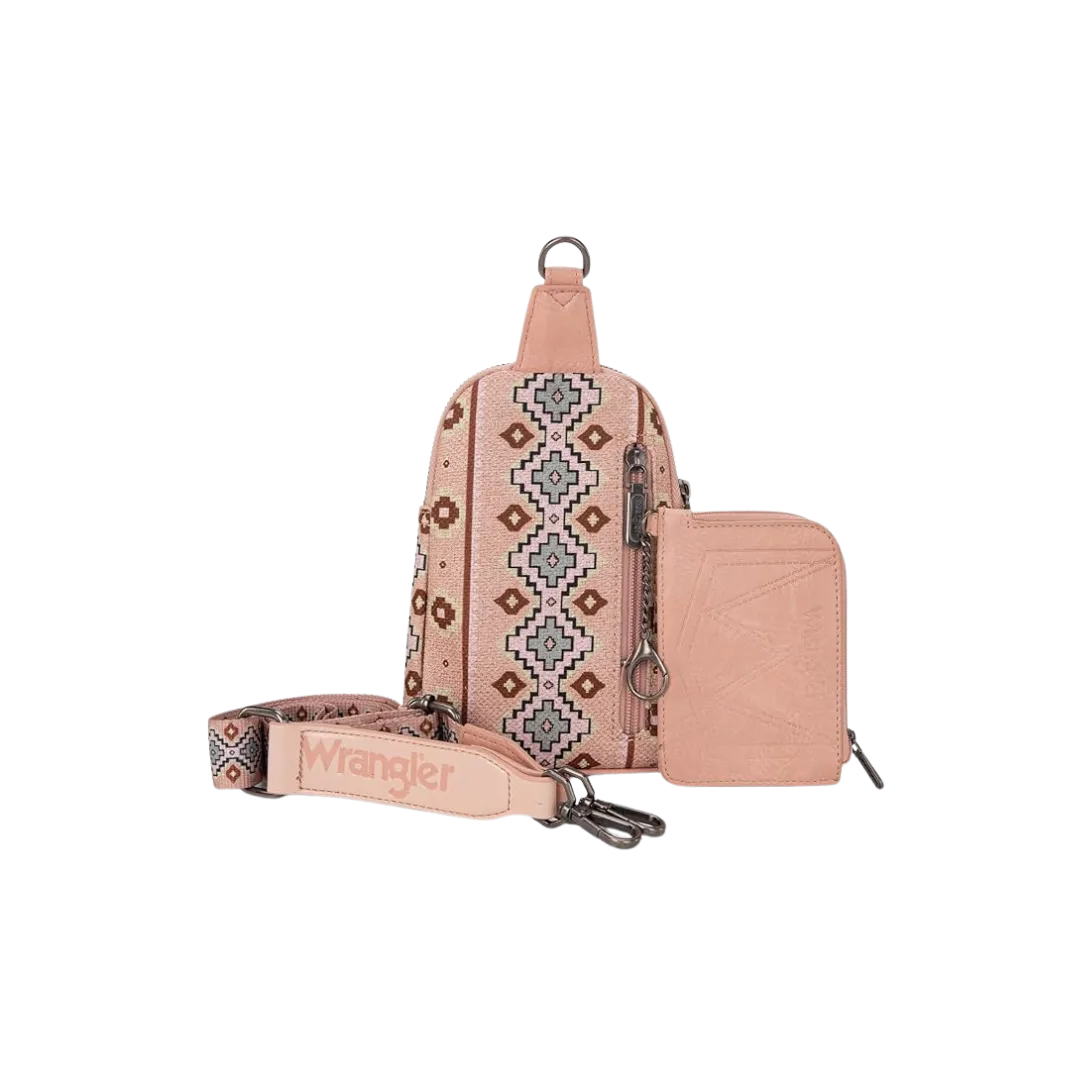 Montana Women's Wrangler Aztec Print Sling Chest Bag With Zip Card Holder Set Pink Crossbody