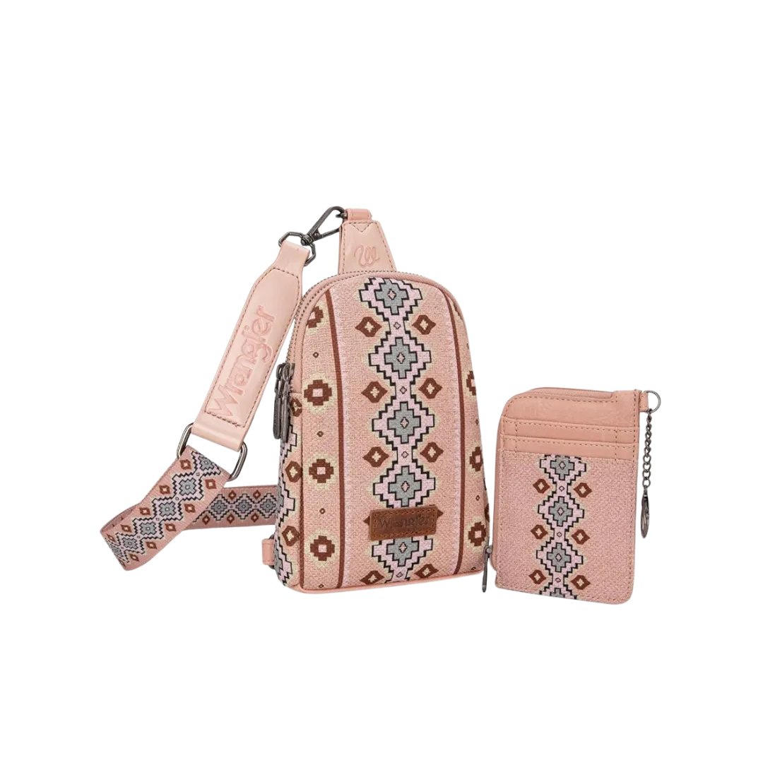 Montana Women's Wrangler Aztec Print Sling Chest Bag With Zip Card Holder Set Pink Crossbody