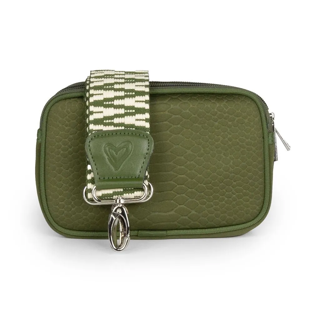 Olive Snake-embossed Dual Zipper Belt/Crossbody Bag