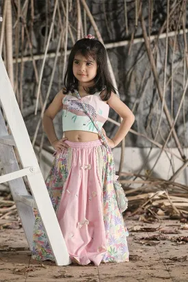 Pink Tropical Print Lehenga with Strappy Blouse and Potli Bag Set for Girls