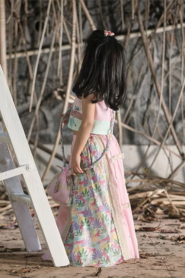 Pink Tropical Print Lehenga with Strappy Blouse and Potli Bag Set for Girls