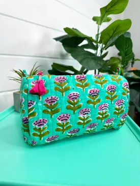 Quilted Makeup Bags | Cosmetic Toiletry Bag | Aqua Floral