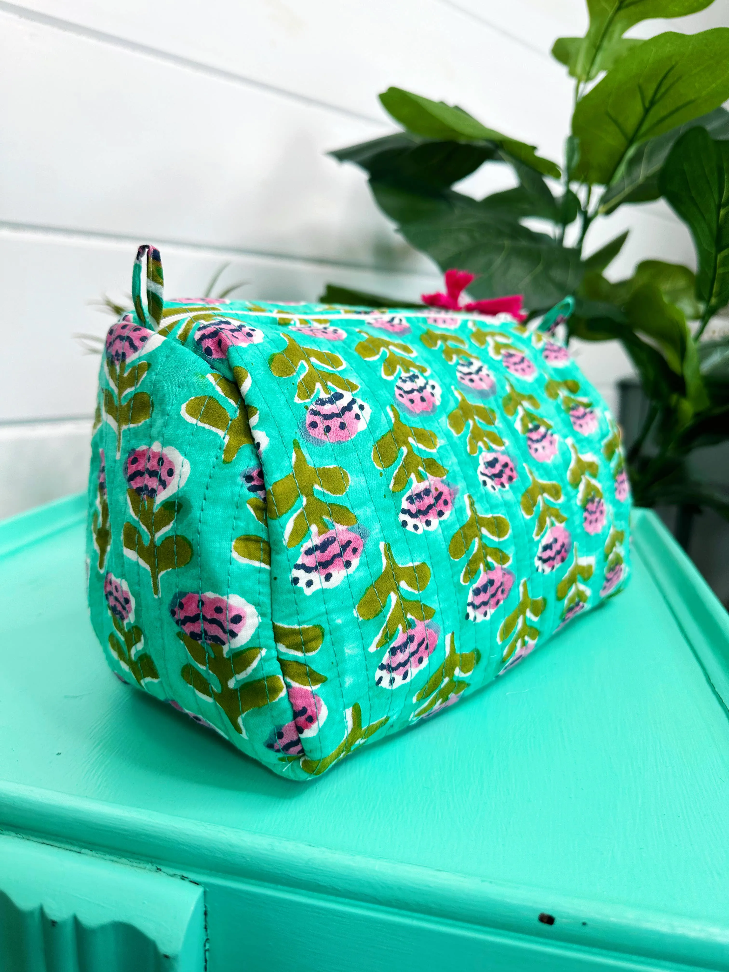 Quilted Makeup Bags | Cosmetic Toiletry Bag | Aqua Floral