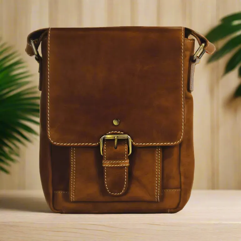 Rugged Earth Leather Bag with Front Flap and Buckle