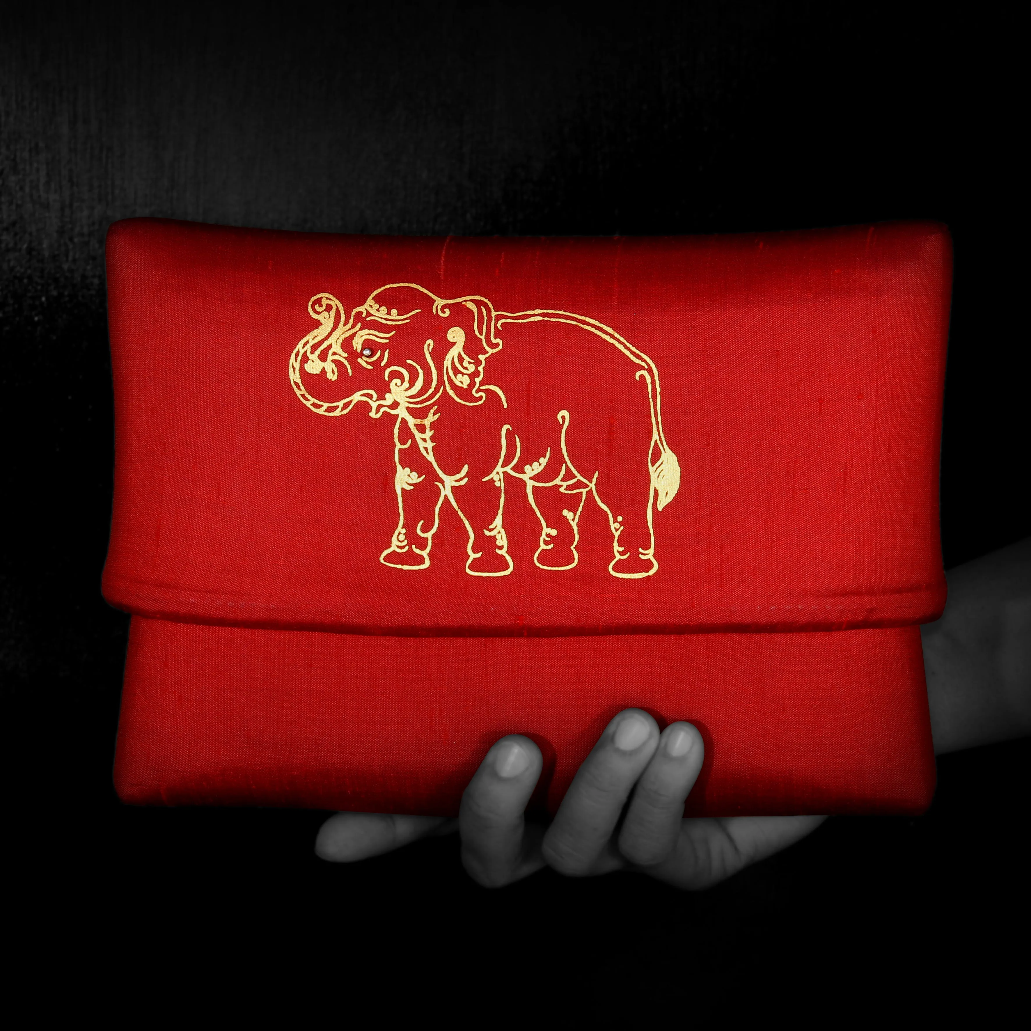 Silk Evening Clutch with Hand-Painted Elephant