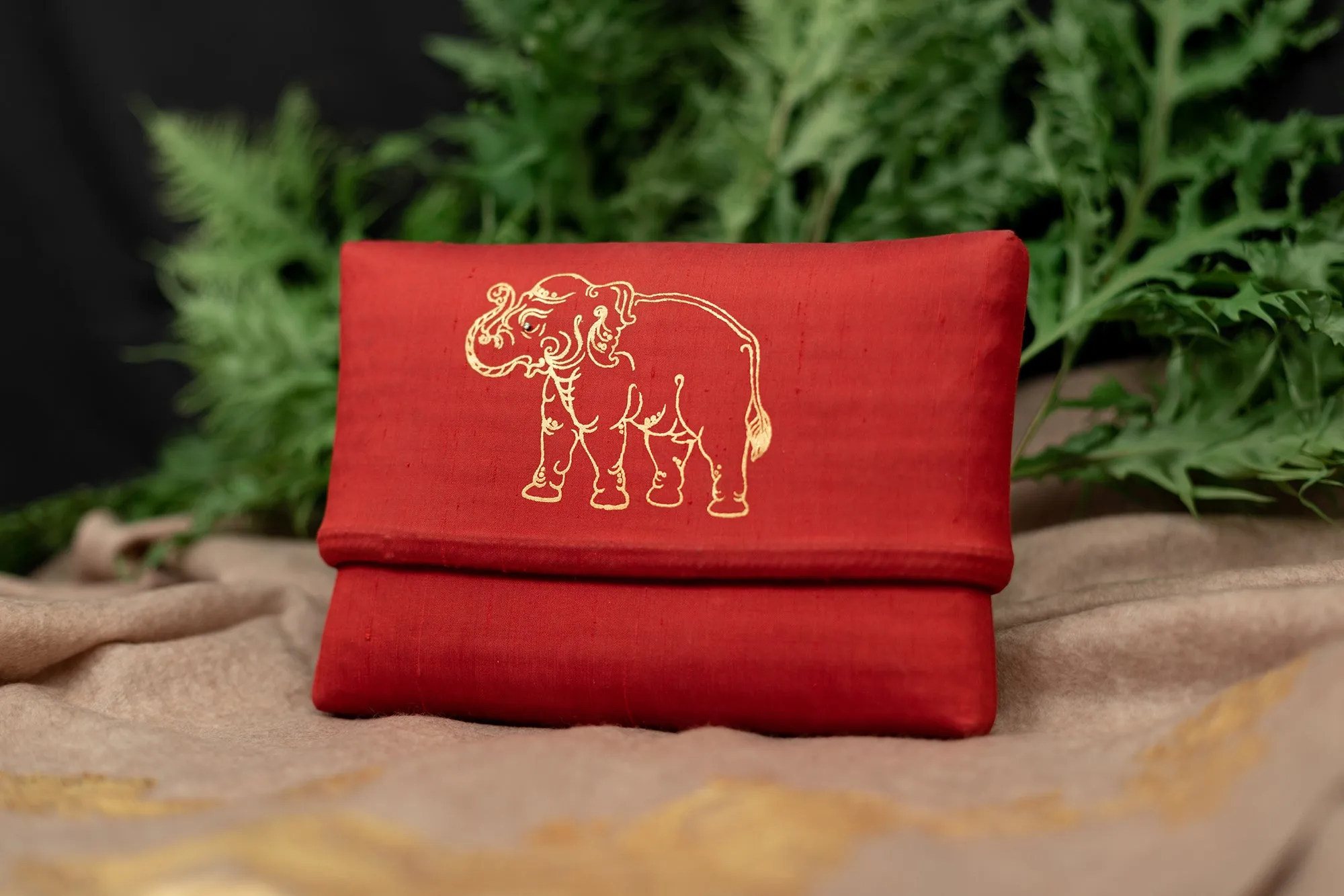 Silk Evening Clutch with Hand-Painted Elephant