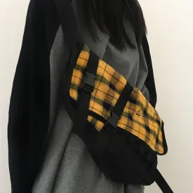 Simple Yellow Plaid Black Canvas Sporty Shoulder Bag