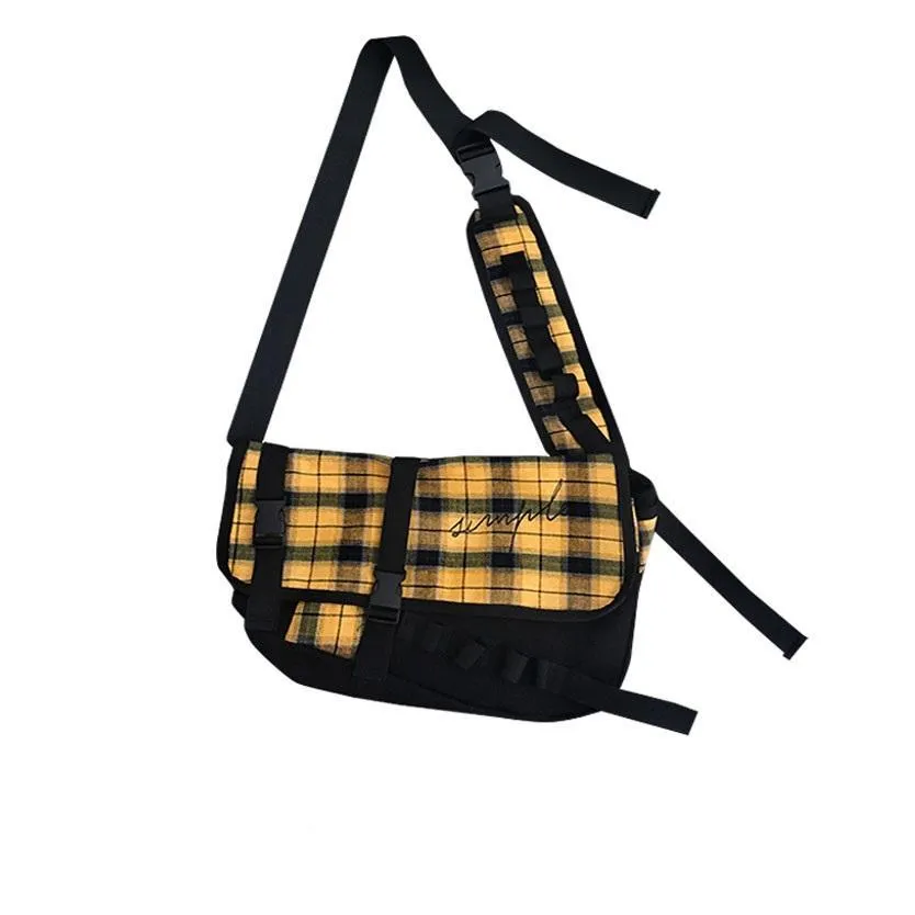 Simple Yellow Plaid Black Canvas Sporty Shoulder Bag