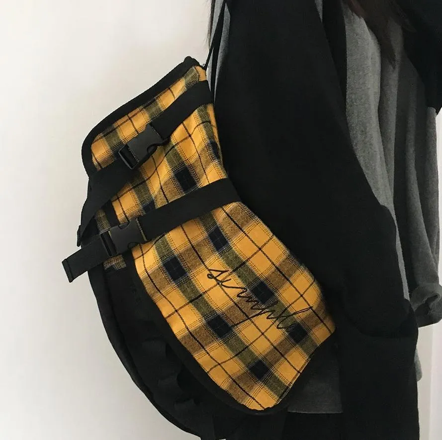 Simple Yellow Plaid Black Canvas Sporty Shoulder Bag