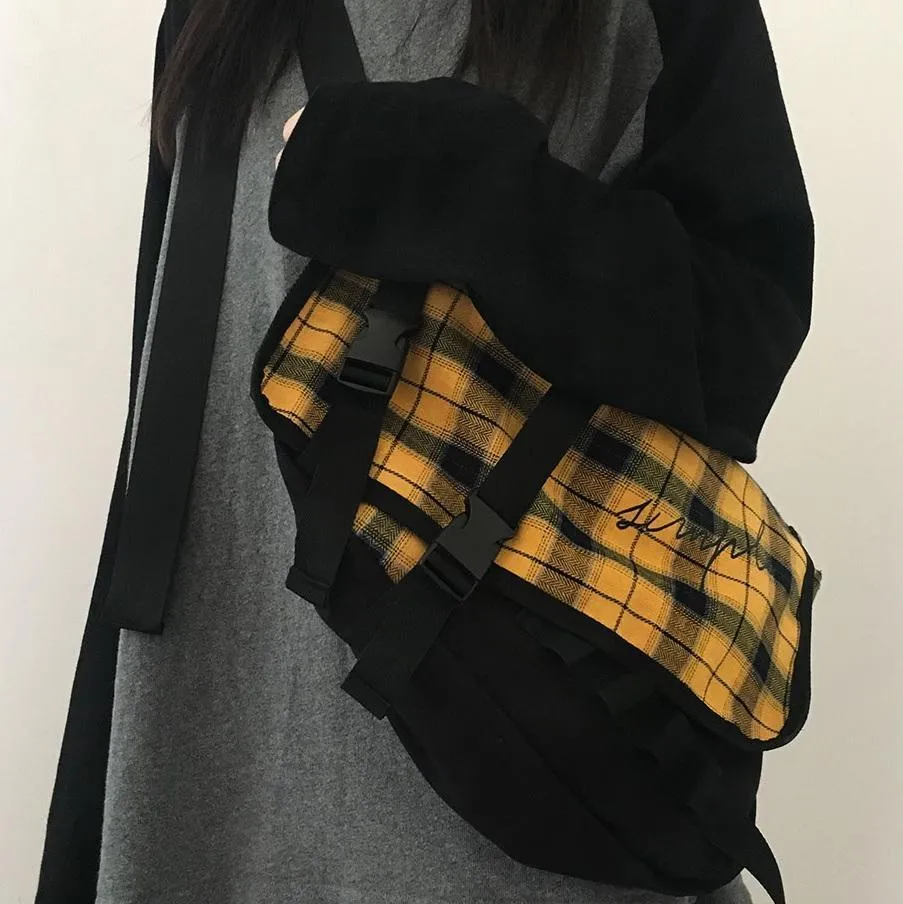 Simple Yellow Plaid Black Canvas Sporty Shoulder Bag