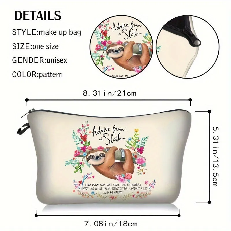 Sloth  Flowers Cosmetic Bag Stylish Travel Gift for Women