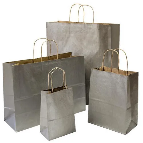 Tinted Recycled Kraft Shopping Bags - 8.25" x 4.25" x 10.75" (Metallic Silver)