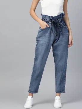 Women Blue Paper Bag Waist Jeans