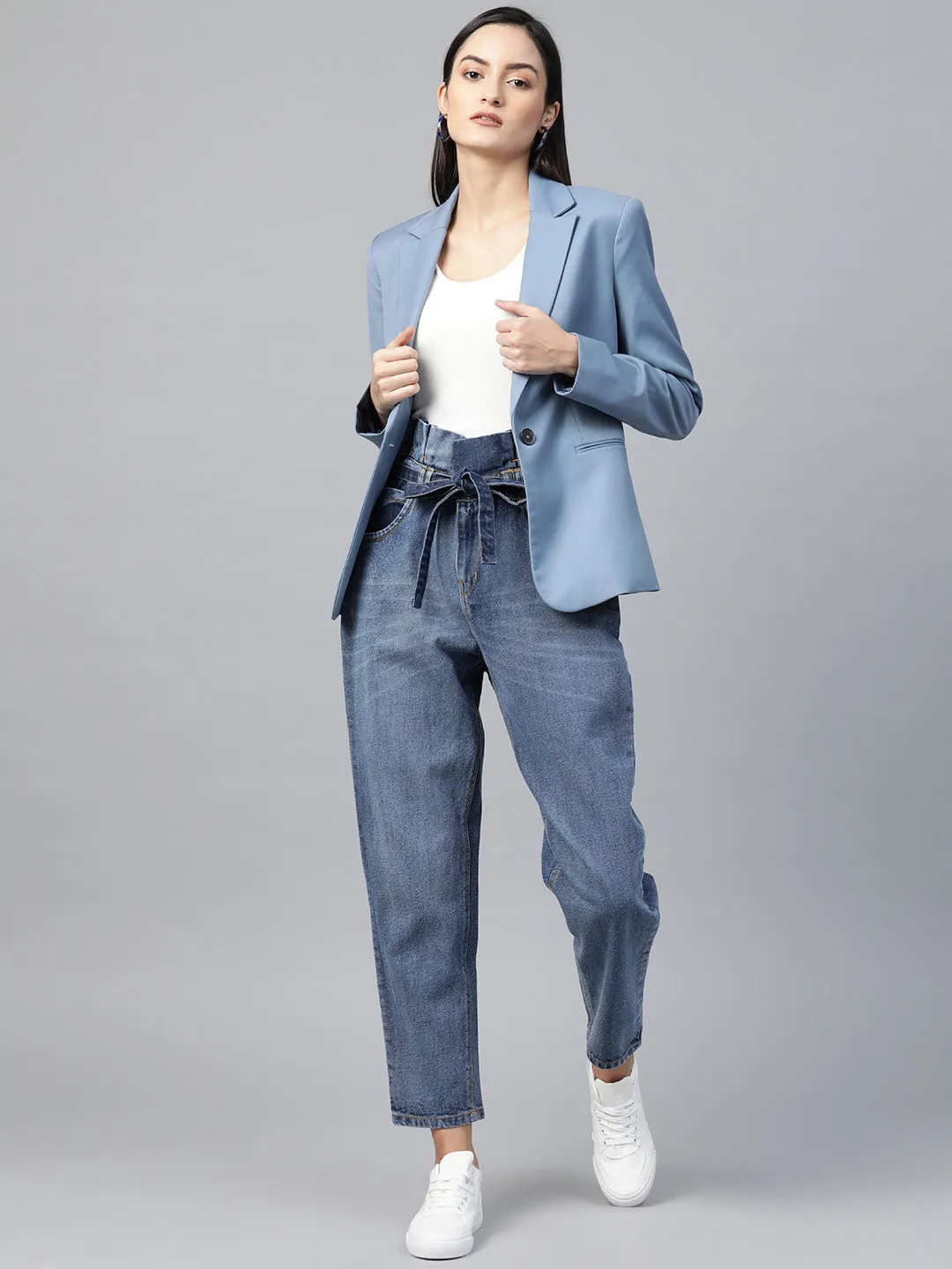 Women Blue Paper Bag Waist Jeans