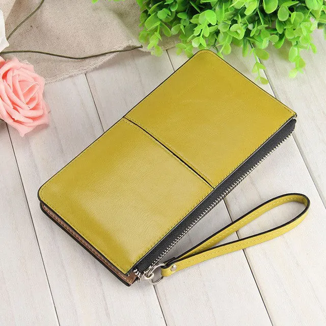 Women famous brand Oil wax leather zipper clutch wallet female candy color burglar robbed purse lady Multi-function phone bag