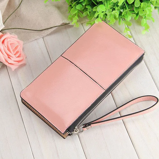 Women famous brand Oil wax leather zipper clutch wallet female candy color burglar robbed purse lady Multi-function phone bag