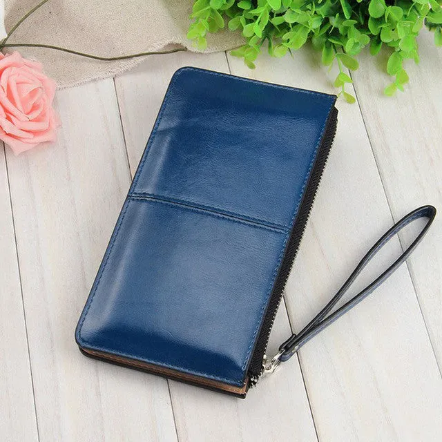 Women famous brand Oil wax leather zipper clutch wallet female candy color burglar robbed purse lady Multi-function phone bag