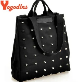 Yogodlns Hot sale women's handbag preppy style punk rivet handbag thickening canvas bag student bag